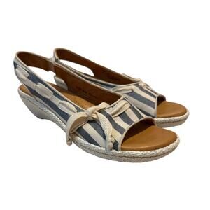 BORN Blue/White Open Toe Slingback Jute Wrapped Kitten Heel Sz. 39 / 8 Resort